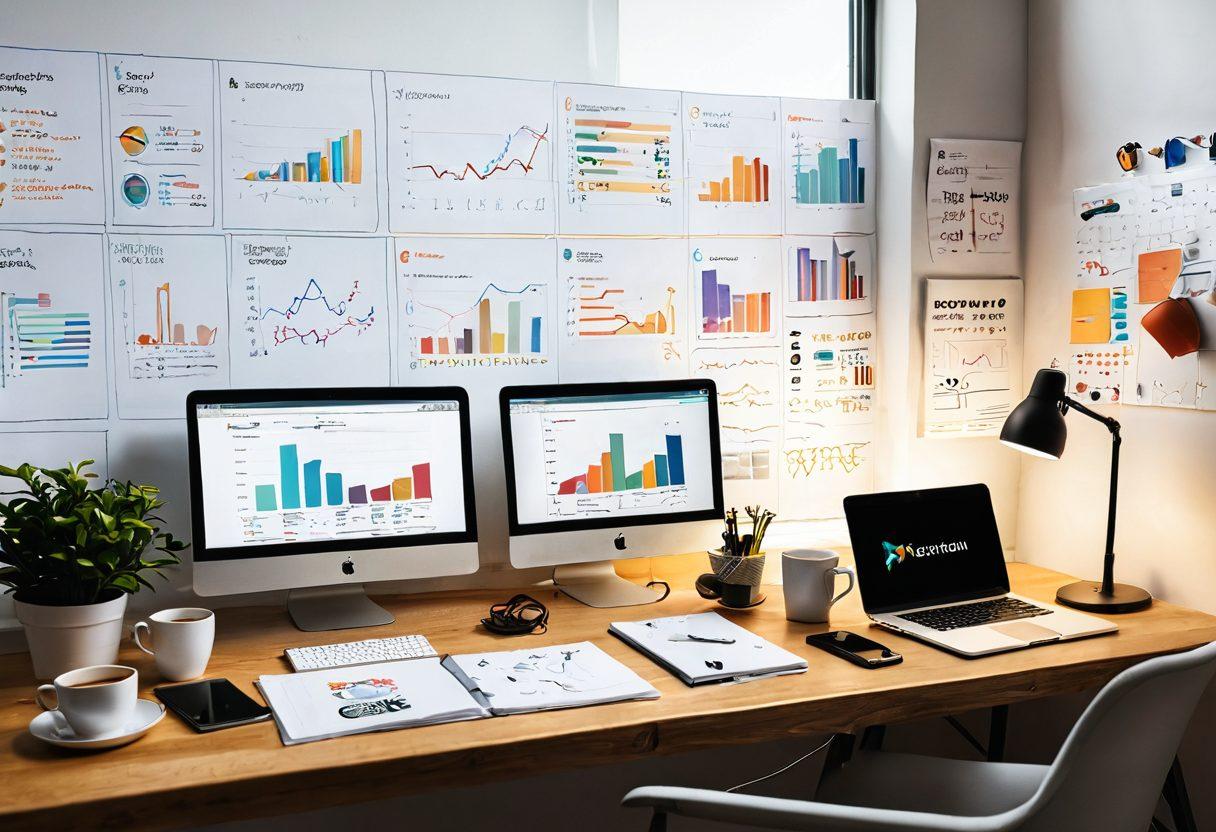 A vibrant workspace filled with notebooks, laptops, and coffee cups, showcasing a person thoughtfully reviewing products. Include visual elements like graphs, star ratings, and icons representing different services. The background should feature inspirational quotes about content creation and a soft glow from a nearby window. super-realistic. vibrant colors. white background.