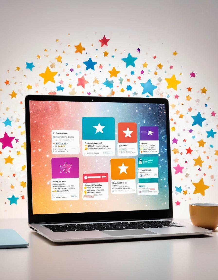 A vibrant and engaging collage showcasing diverse users interacting with a glowing laptop, surrounded by floating stars representing user reviews. Include speech bubbles illustrating positive feedback and tips, with a background of a blog interface displaying ratings. The scene should convey enthusiasm and inclusivity, emphasizing the importance of user reviews in blogging. super-realistic. vibrant colors. white background.